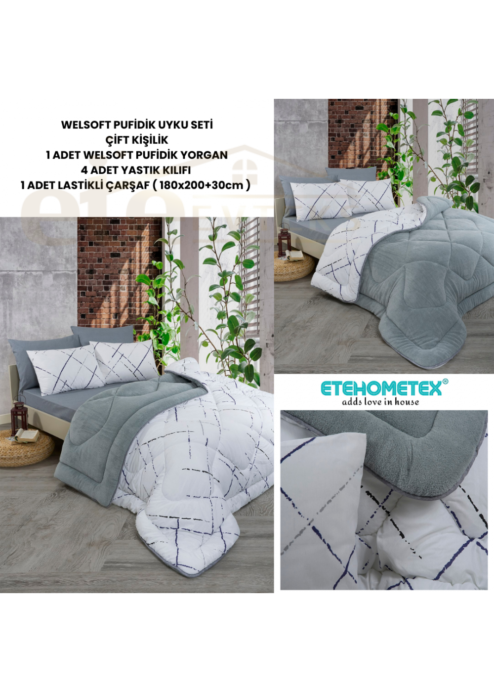ETE HOMETEX ÇİFT KİŞİLİK WELSOFT UYKU SETİ YANSIMA GRİ 8696474232027